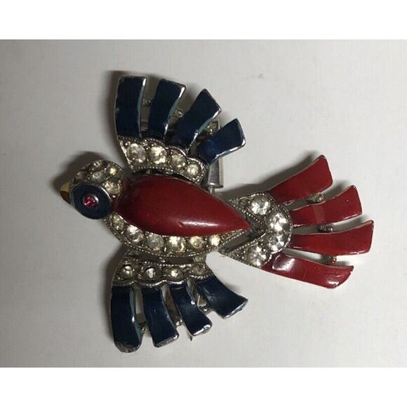Trifari Bird Fur Clip Patiotic Blue & Red Enamel Rhinestones Philippe Vintage